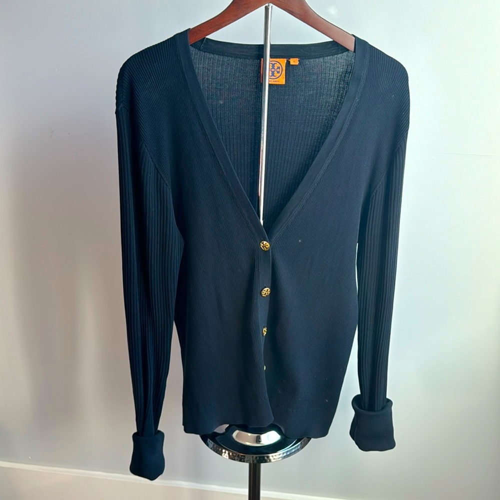 Tory Burch black ribbed cardigan with gold buttons